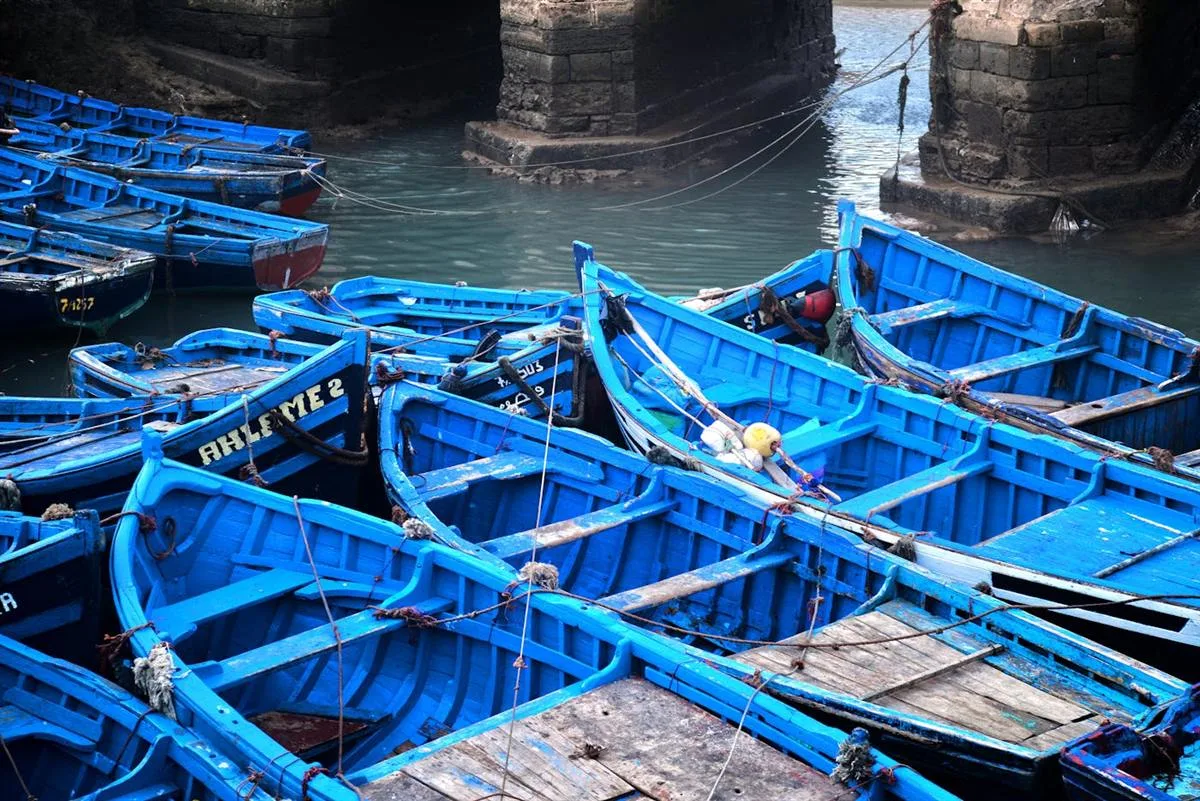 Essaouira harbor with blue boats